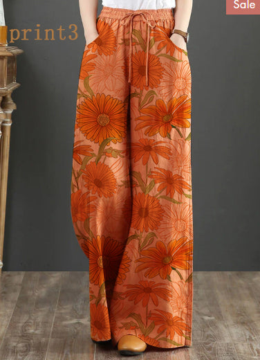 Orange-print1 Elastic Waist Linen Straight Pants Solid Color Drawstring Summer