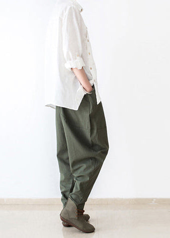 2025 autumn tea green linen pants oversized cotton harem pants trousers