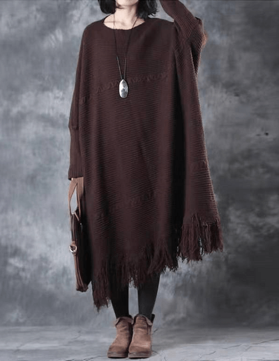 2025 Fall Tassel Sweater weather Vintage chocolate Fuzzy sweater dress