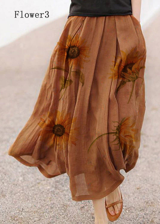 Retro Chocolate-Flower3 Print Pockets Linen Skirt Summer