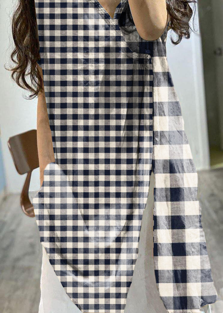 Simple v neck prints linen clothes side open loose Dress