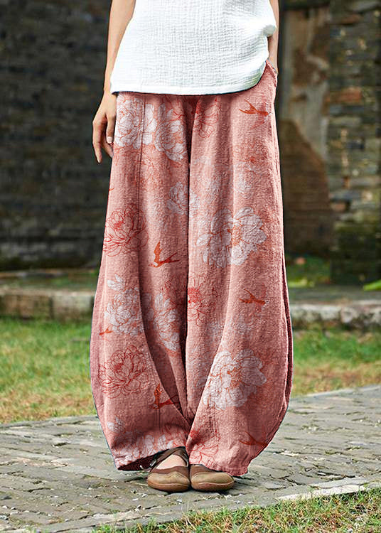 2025 cotton and linen women's Chinese style ramie wild pants yoga pink-flower pants