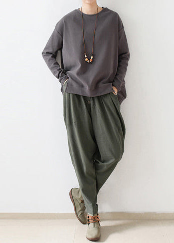 2025 autumn tea green linen pants oversized cotton harem pants trousers