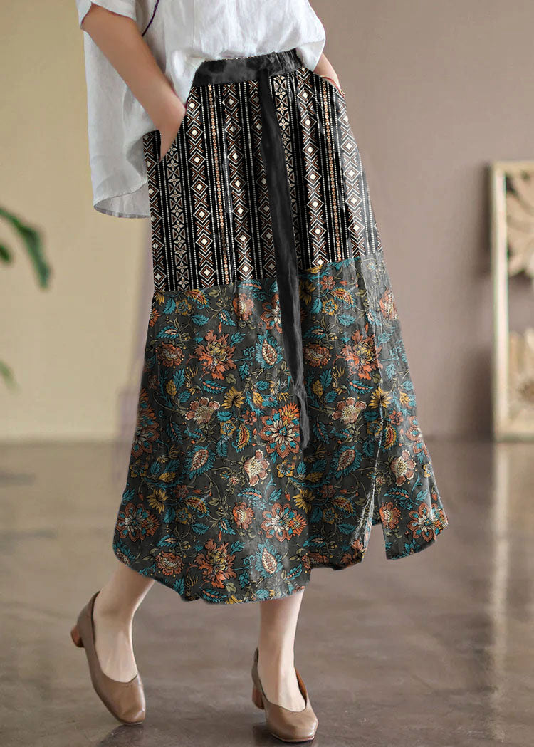 Bohemian Black flower Elastic Waist Print Linen Skirts Summer