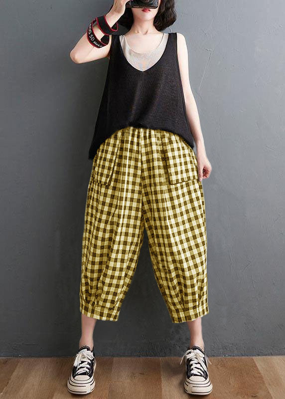 Plus Size Yellow Elastic Waist Casual Harem Pants Summer Cotton Linen