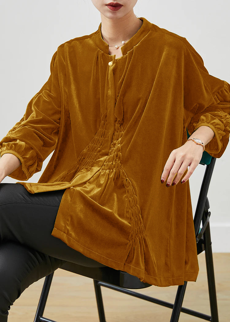 Stylish Army Green Oversized Wrinkled Silk Velour Shirt Spring