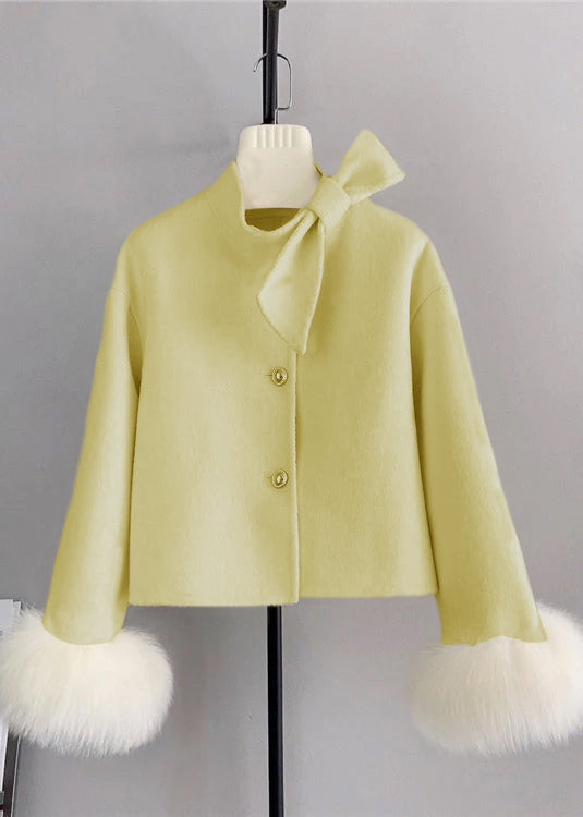 New White Wool Bow Button Fox Hair Cuff Short Coat Winter