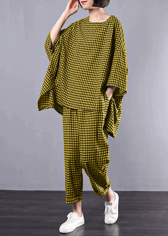 Casual Plus Size Cotton Linen Yellow Plaid Vintage Blouse And Pants Two Pieces Set(Limited Stock)