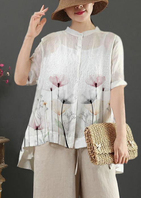 Art white embroidery linen top for women stand collar Midi summer top