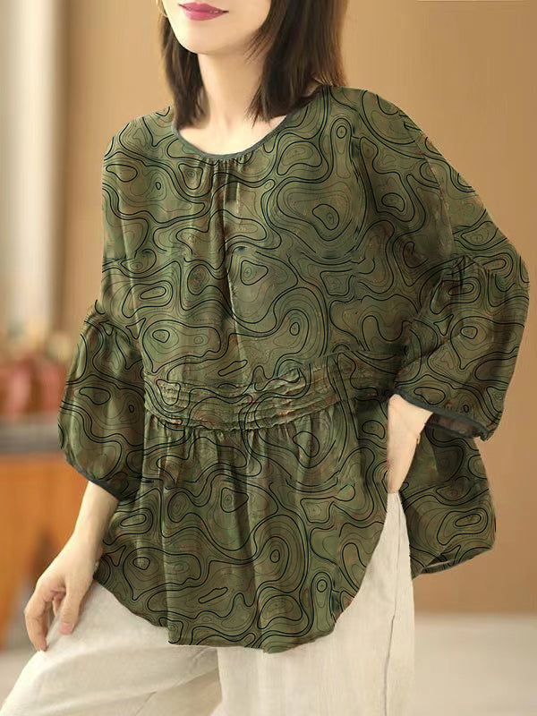 Handmade Green O Neck Print Wrinkled Patchwork Cotton Top Summer