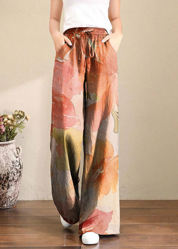 French Orange flower Elastic Waist Pockets Linen Wide Leg Pants Summer