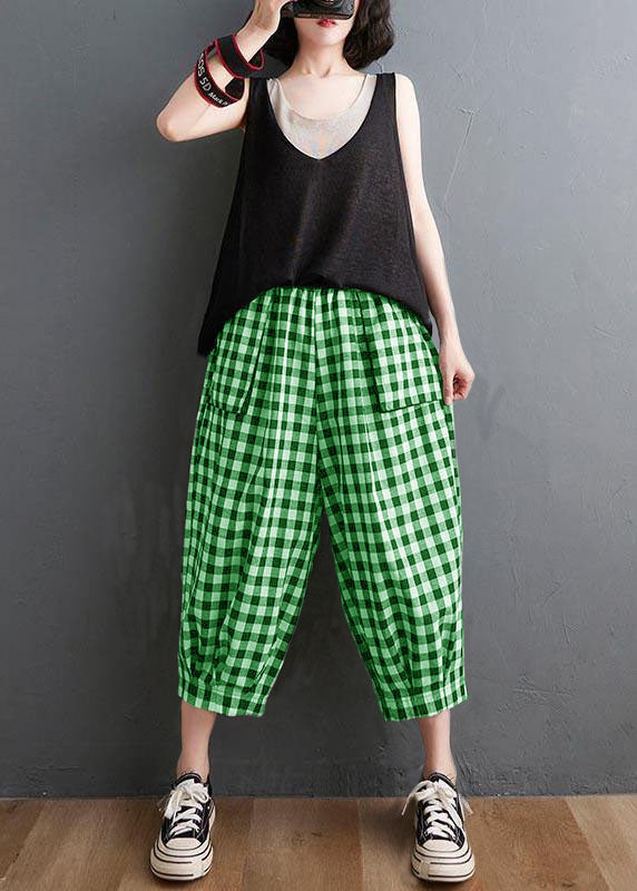 Plus Size Green Elastic Waist Casual Harem Pants Summer Cotton Linen