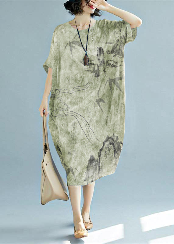 2025 blue long linen dress plus size O neck floral linen clothing dresses casual short sleeve baggy dresses linen caftans