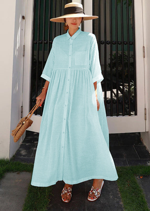 Bohemian Green Peter Pan Collar Striped Button Pockets Wrinkled Long Dresses Half Sleeve