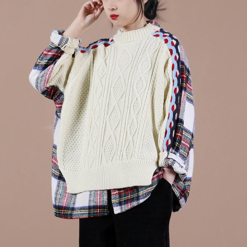 Aesthetic beige plaid sweater tops o neck false two pieces casual knit sweat tops