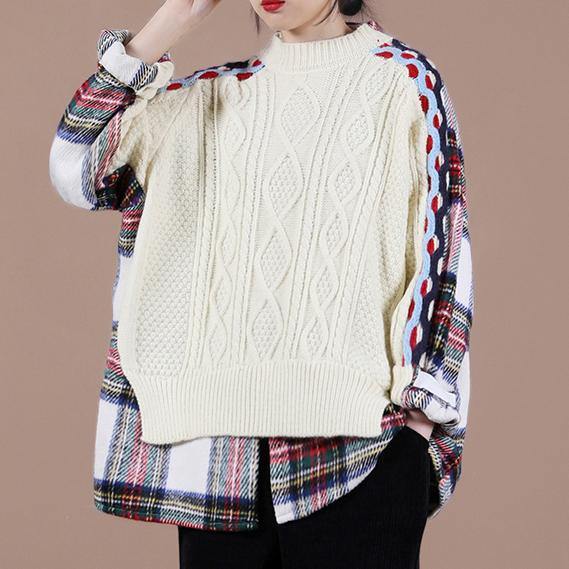 Aesthetic beige plaid sweater tops o neck false two pieces casual knit sweat tops