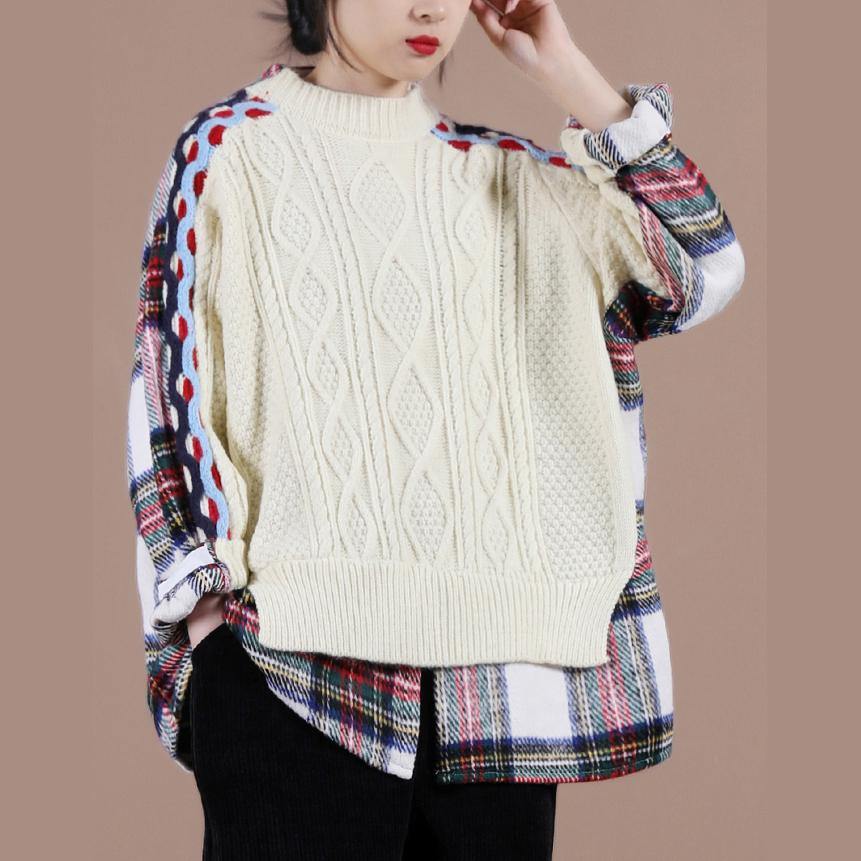 Aesthetic beige plaid sweater tops o neck false two pieces casual knit sweat tops