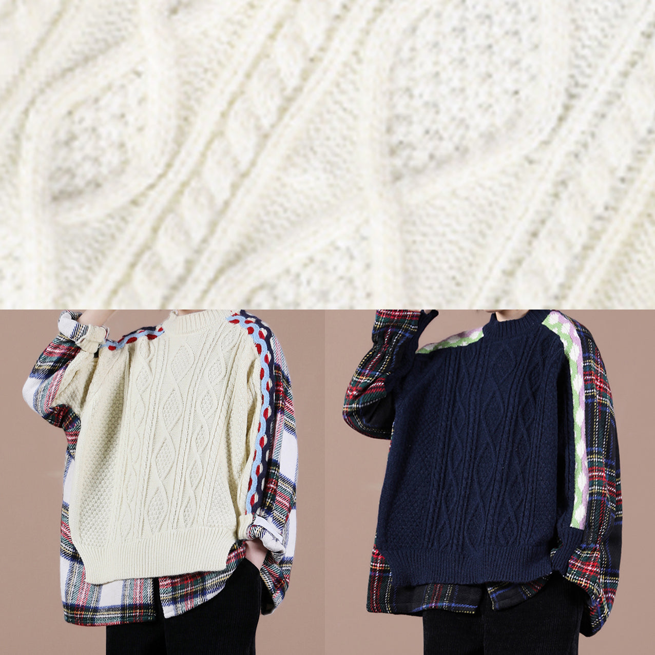 Aesthetic beige plaid sweater tops o neck false two pieces casual knit sweat tops