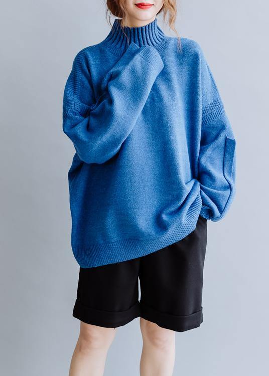 Aesthetic blue knitted pullover high neck plus size clothing fall knit sweat tops