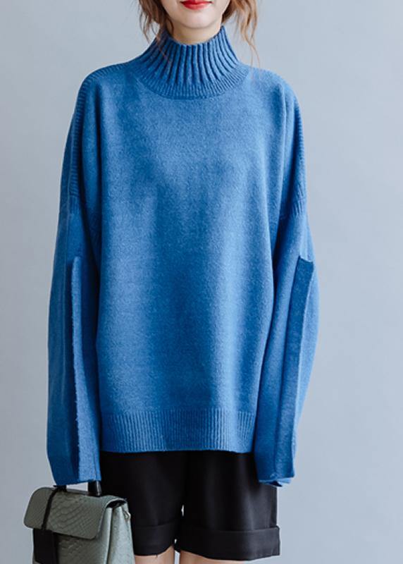 Aesthetic blue knitted pullover high neck plus size clothing fall knit sweat tops