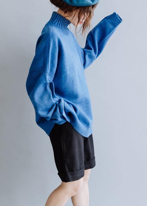 Aesthetic blue knitted pullover high neck plus size clothing fall knit sweat tops