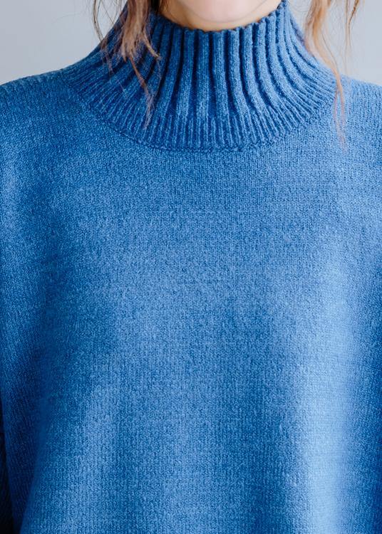 Aesthetic blue knitted pullover high neck plus size clothing fall knit sweat tops