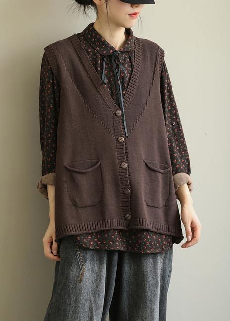 Aesthetic chocolate casual v neck sleeveless knit outwear