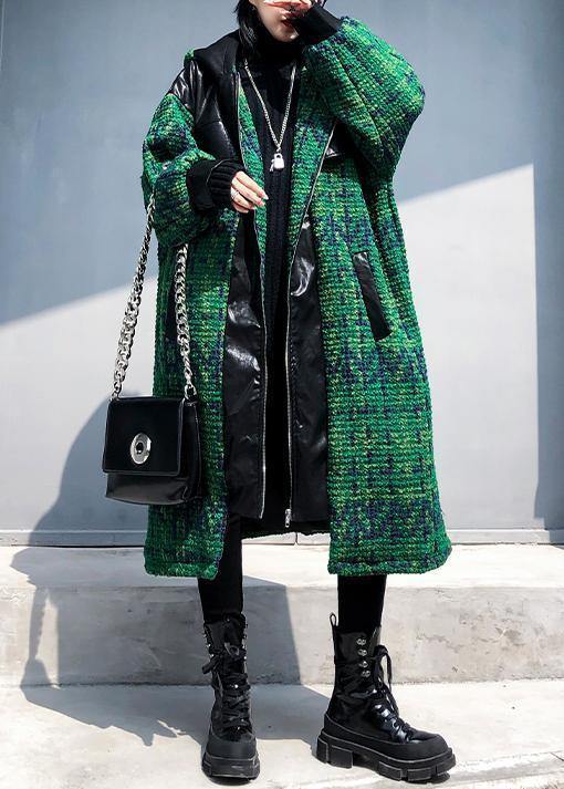 Aesthetic knitted coat trendy plus size green hooded zippered coats