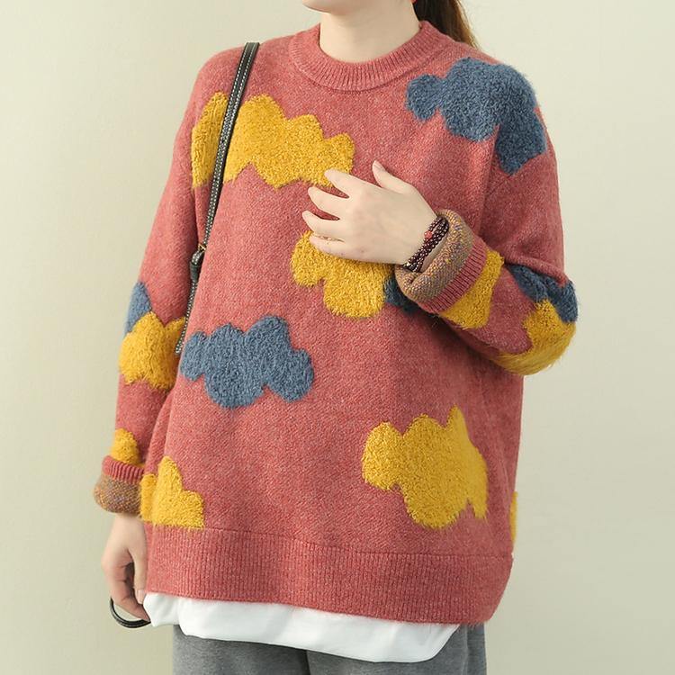 Aesthetic red Cloud Knit Sweaters casual o neck false two pieces knit blouse