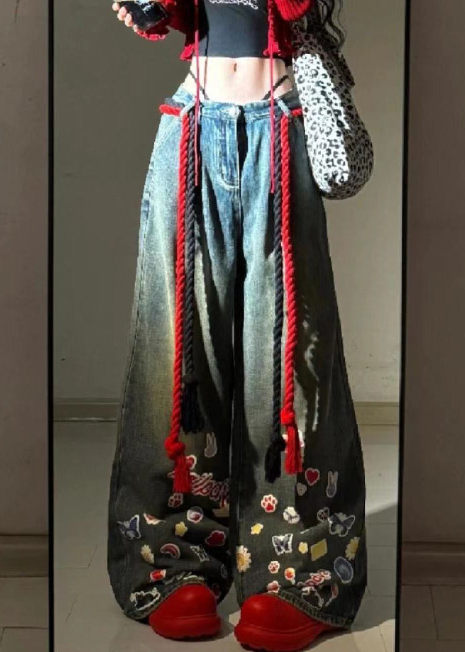 American Graffiti Blue Denim Wide Leg Pants Autumn