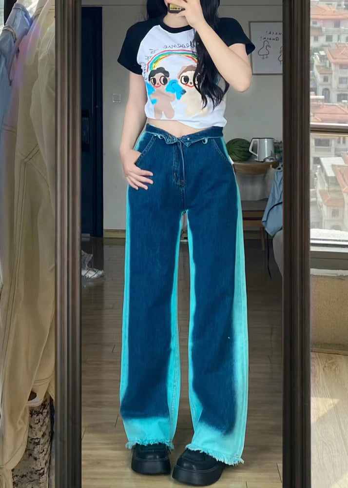 American Style Tie Dye High Waist Denim Straight Pants Spring