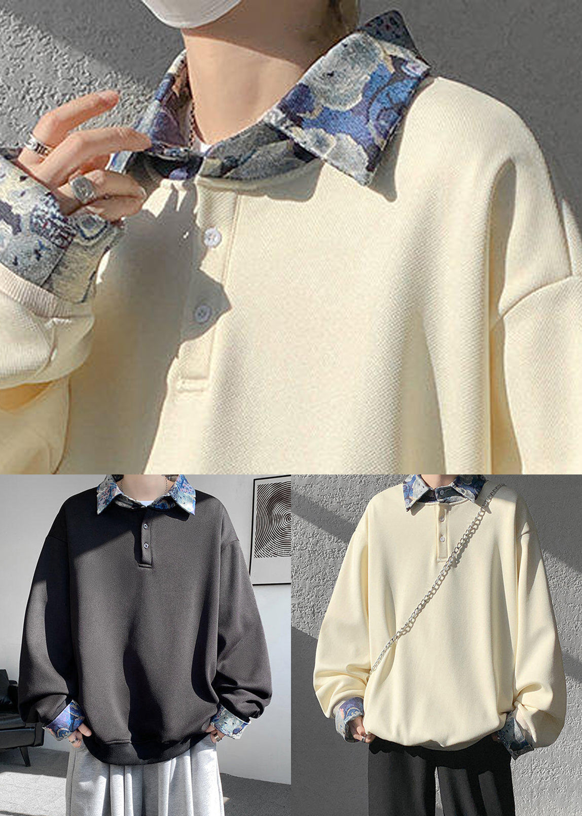 Apricot Button False Two Pieces Woolen Mens Sweatshirt Peter Pan Collar Spring