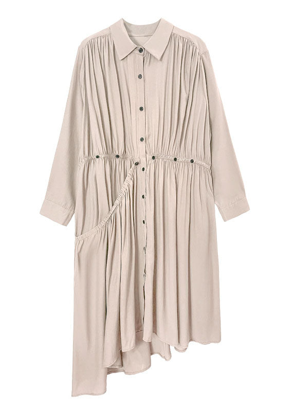 Apricot Chiffon shirt Dress wrinkled Asymmetrical Spring