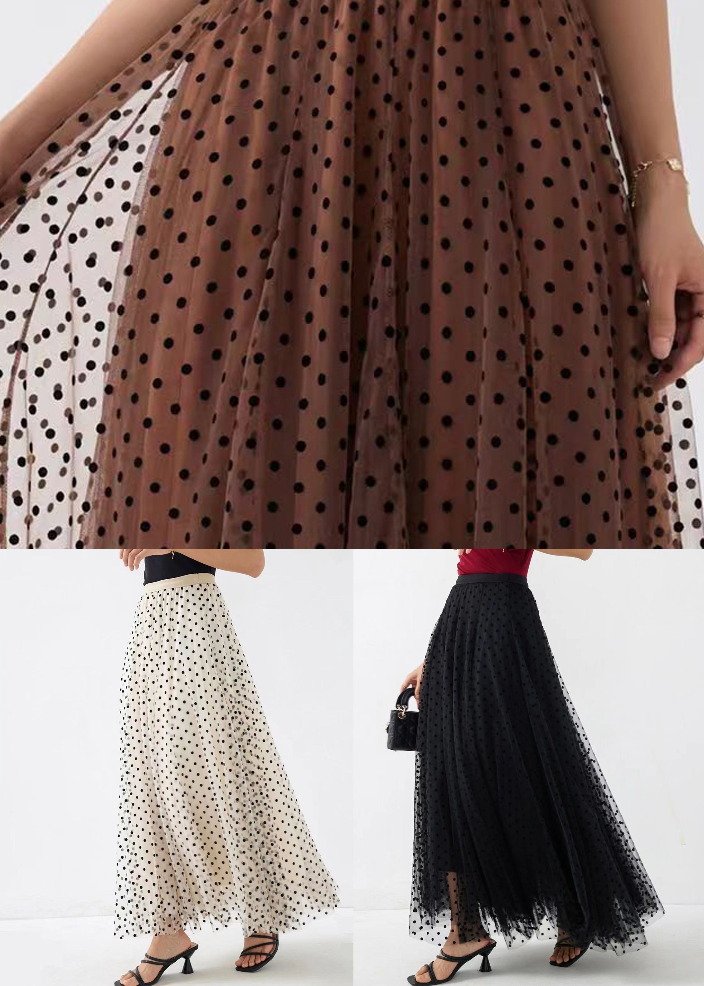 Apricot Dot Tulle Skirts Elastic Waist Wrinkled Spring