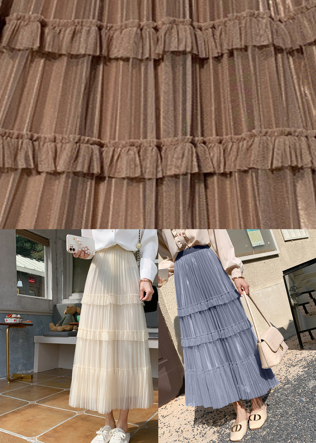 Apricot Elastic Waist Wrinkled Tulle Cake Skirt Spring