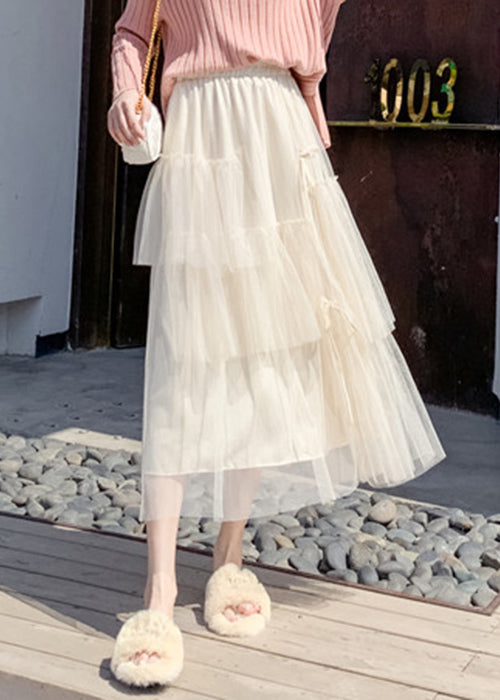 Apricot Lace Up Wrinkled Tulle Elastic Waist Skirt