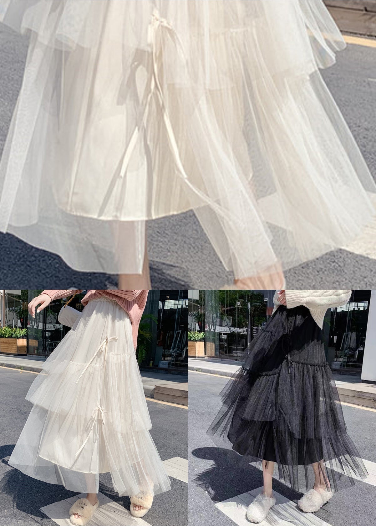 Apricot Lace Up Wrinkled Tulle Elastic Waist Skirt