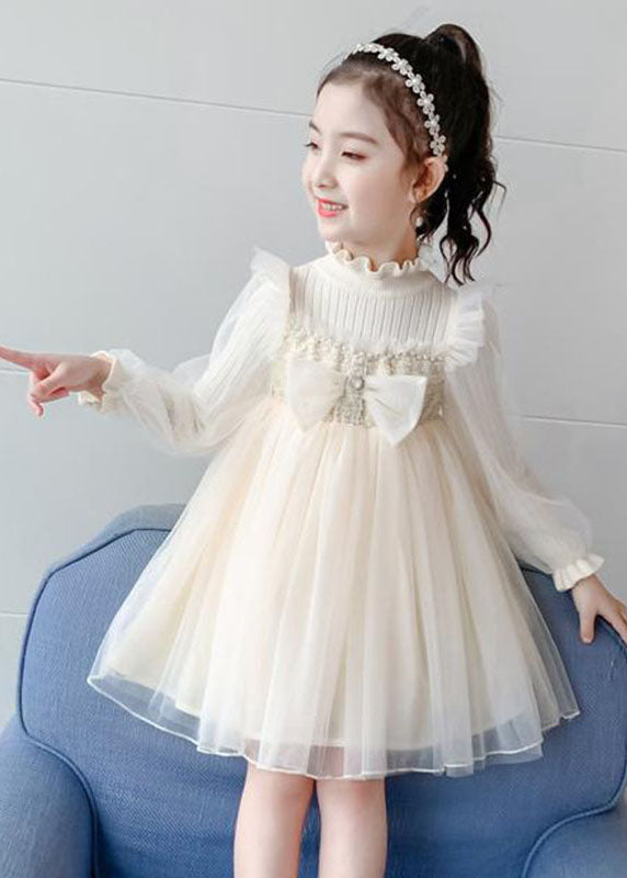 Apricot Nail bead Knit Patchwork Tulle Girls Long Dress Long Sleeve