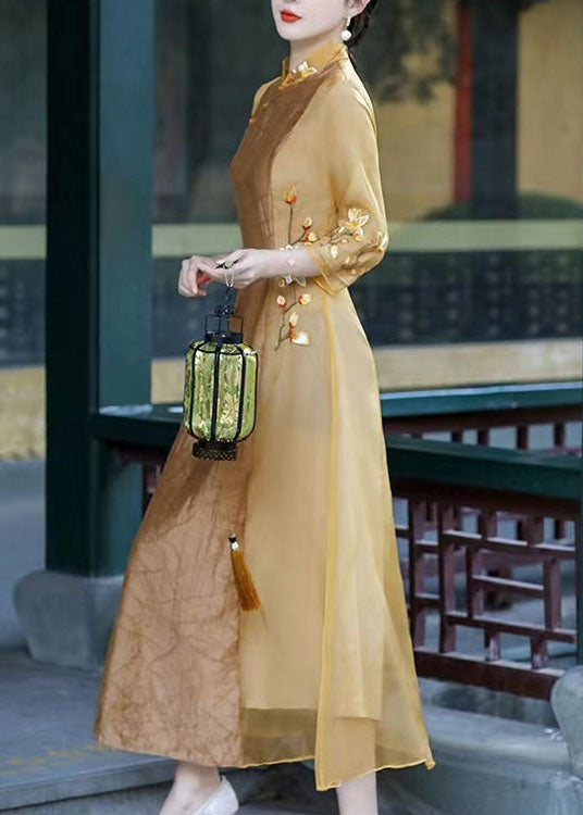 Apricot Patchwork Silk Dress Embroideried Stand Collar Spring