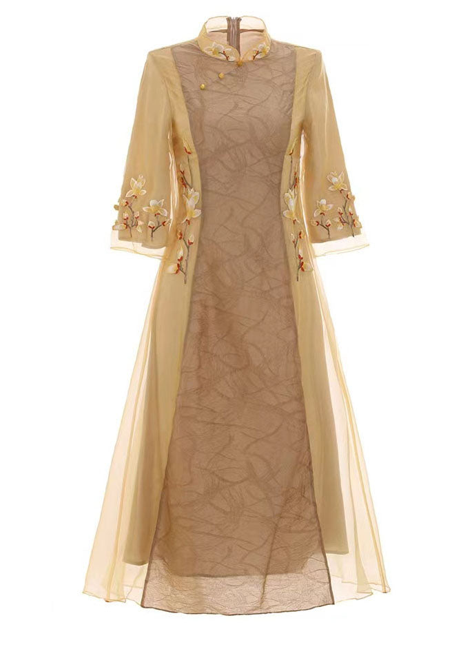 Apricot Patchwork Silk Dress Embroideried Stand Collar Spring