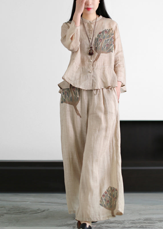 Apricot Pocket Linen Tops And Wide Leg Pants Two Piece Set Women Clothing Ruffles flare sleeve