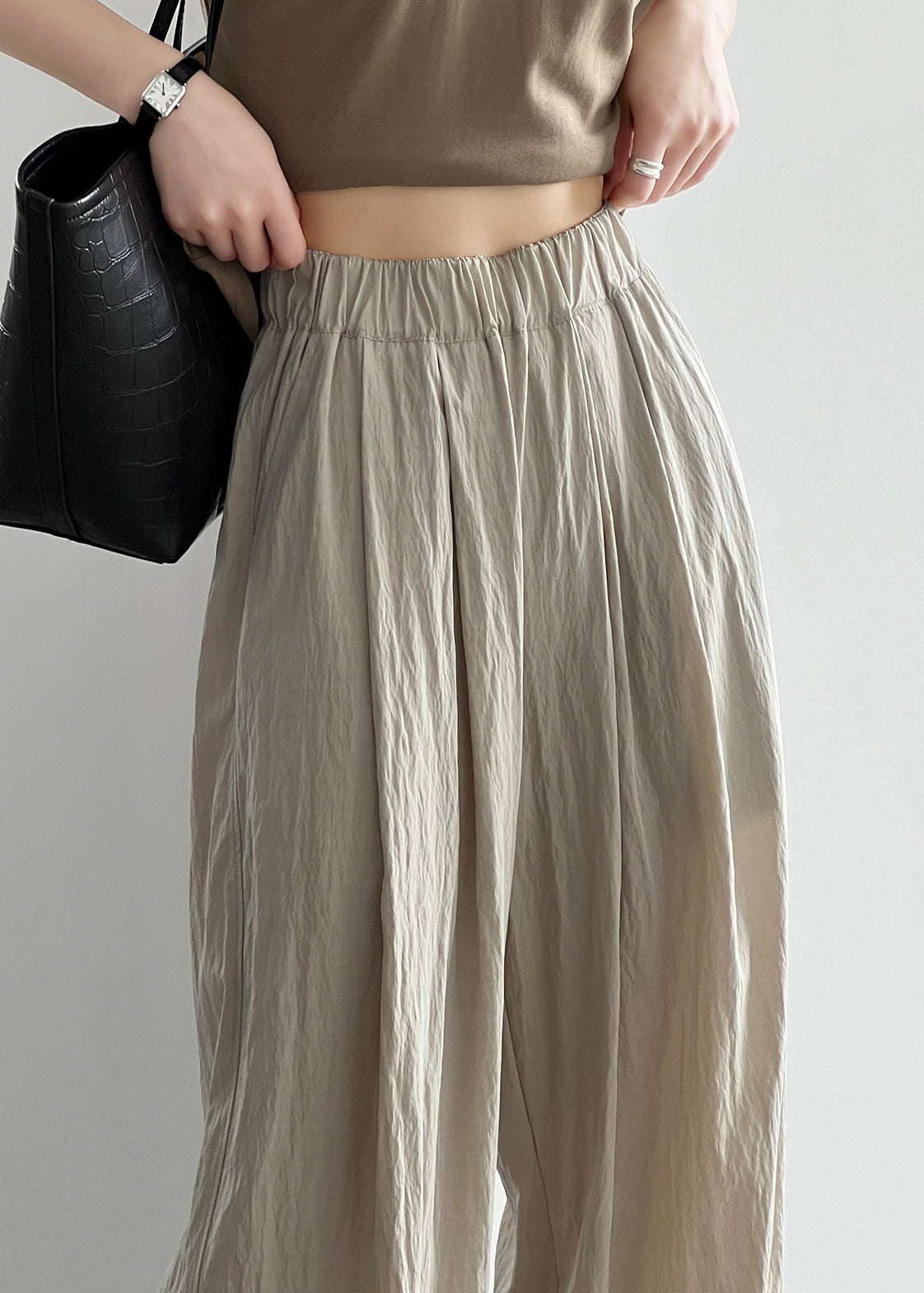 Apricot Pockets Cotton Wide Leg Pants Elastic Waist