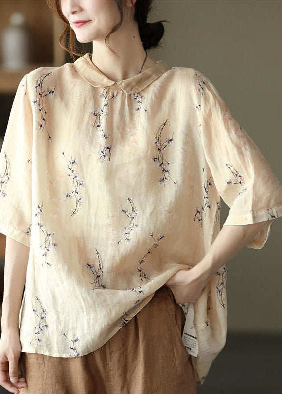 Apricot Print Linen Blouse Tops Half Sleeve