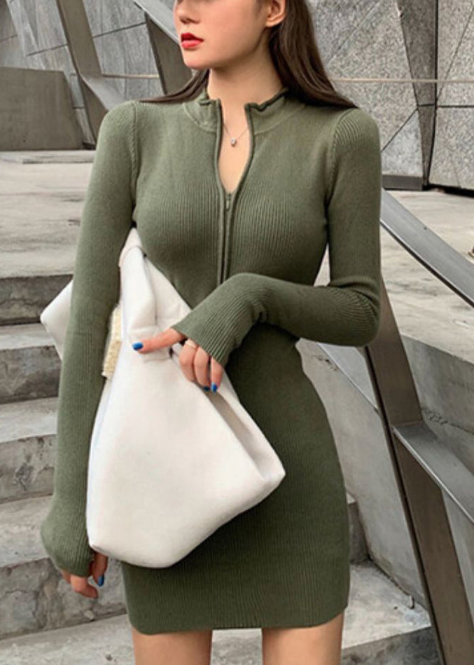 Army Green Solid Knit Sweater Dress Zip Up Spring