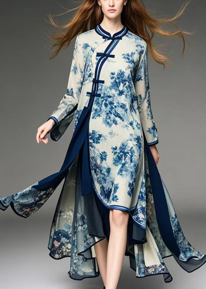 Art Apricot Asymmetrical Print Chiffon Oriental Dresses Spring