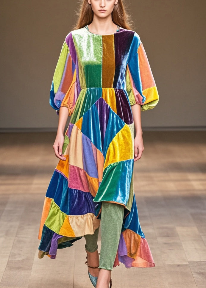 Art Asymmetrical Patchwork Silk Velvet Maxi Dress Half Sleeve