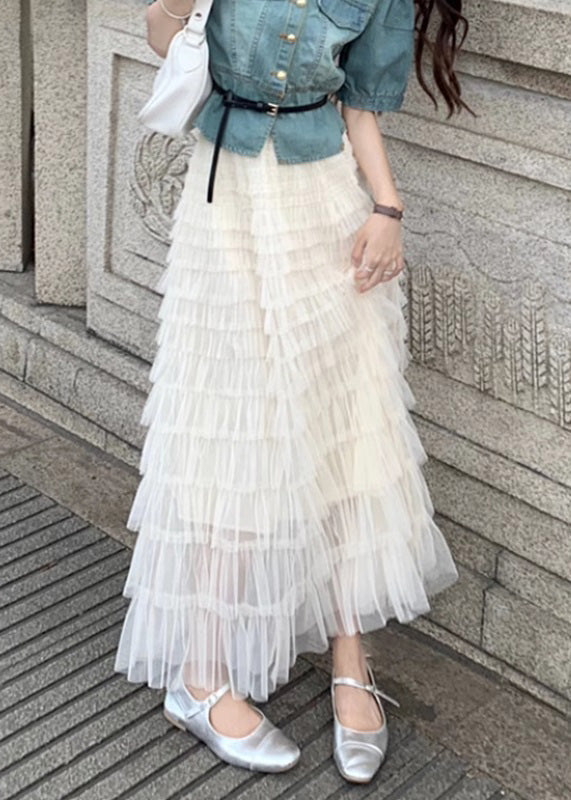 Art Beige Elastic Waist Tulle Maxi Cake Skirts Summer