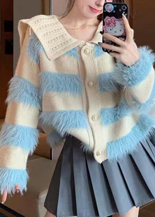 Art Beige Fluffy Button Patchwork Knit Coats Spring