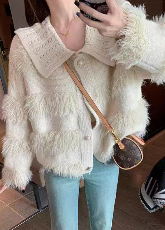 Art Beige Fluffy Button Patchwork Knit Coats Spring