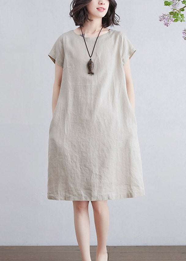 Art Beige O-Neck Tie Waist Linen Mid Dresses Short Sleeve